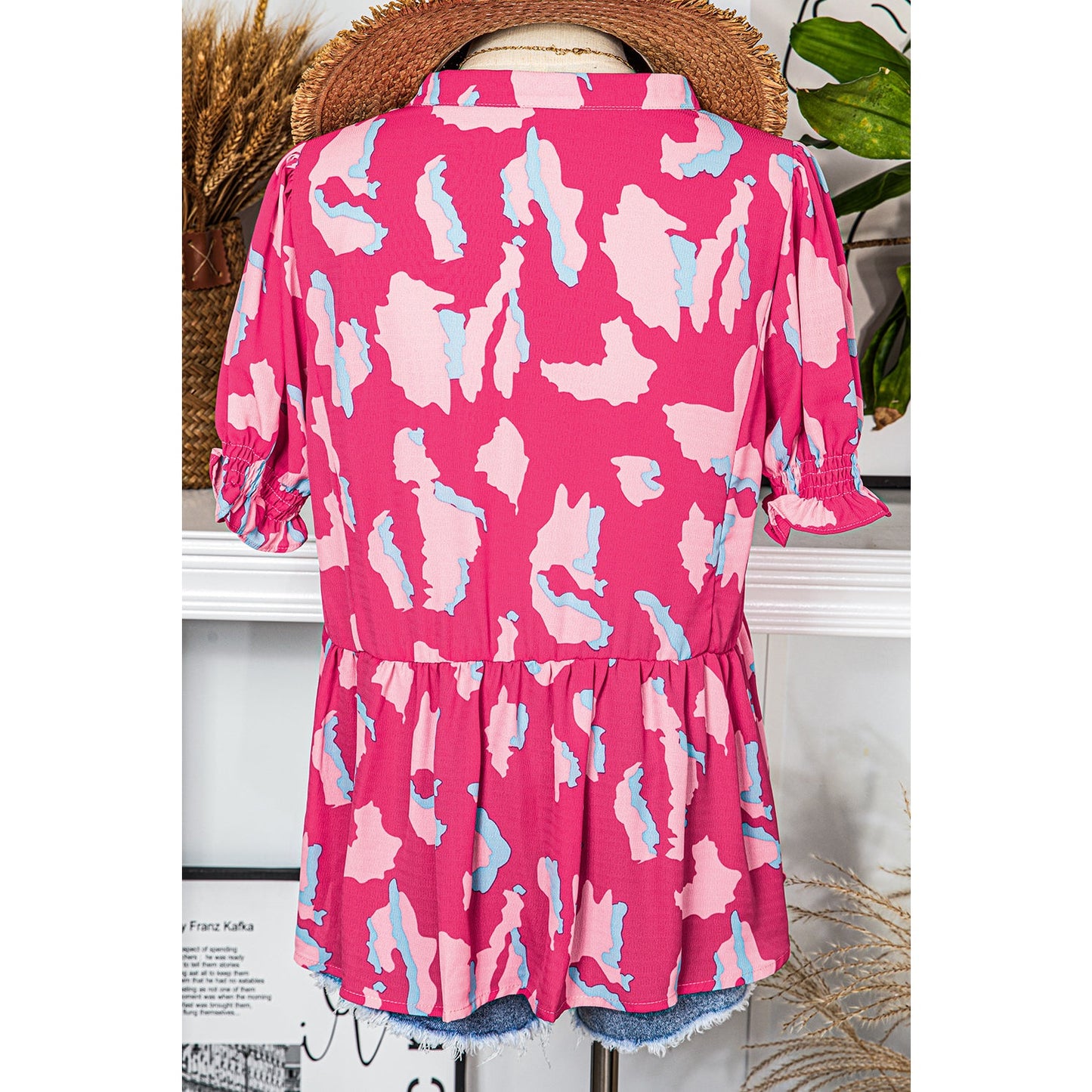 Chancie Abstract Print Smocked Puff Sleeve V Neck Blouse