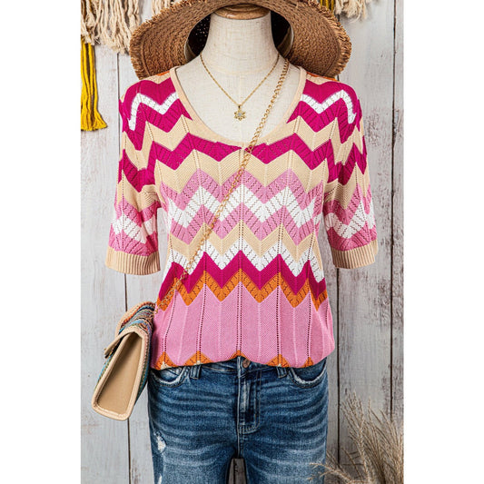 Chanda Pink Stripe Chevron Pointelle Knit V Neck Short Sleeve Sweater