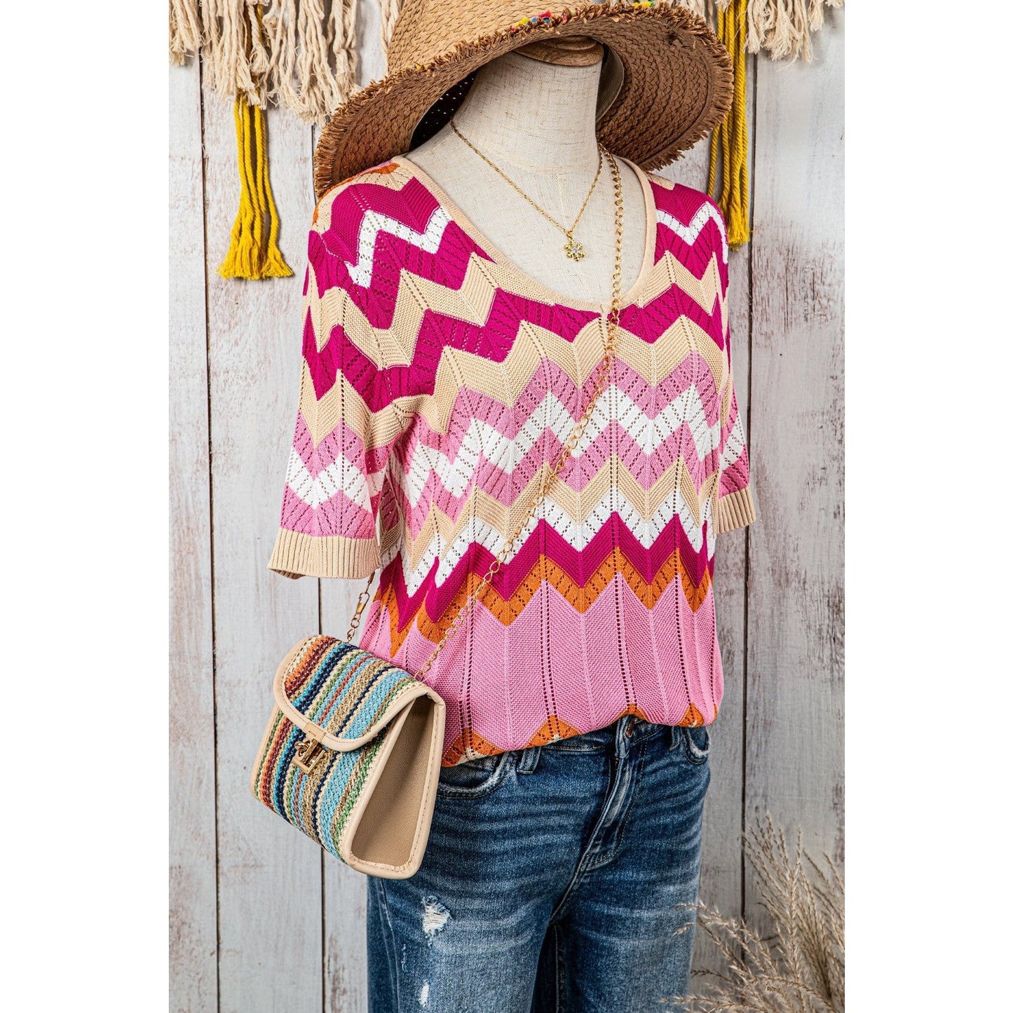 Chanda Pink Stripe Chevron Pointelle Knit V Neck Short Sleeve Sweater