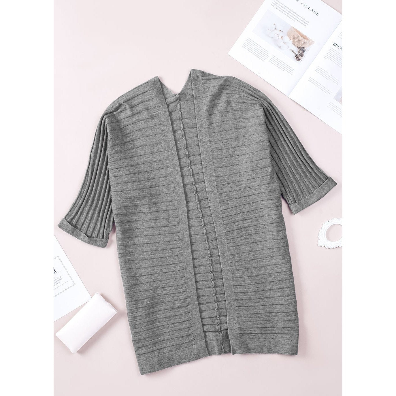 Chanda Grey Ribbed Open Front Knit Cardigan
