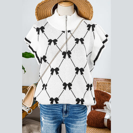 Chandler White Preppy Vibes Bow Print Zipped Collar Sweater Tee