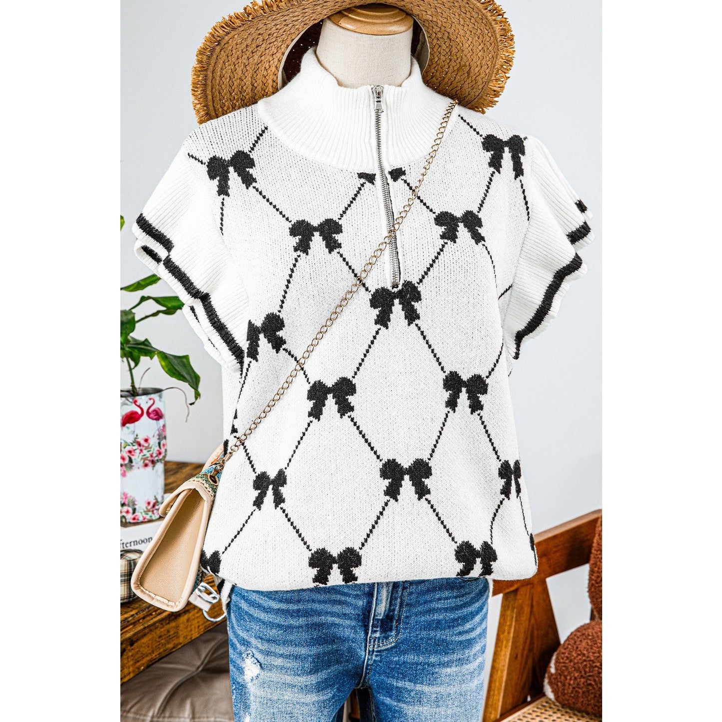 Chandler White Preppy Vibes Bow Print Zipped Collar Sweater Tee