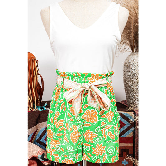 REDUCED!!!  Chanin Green Floral Print Pocketed Front Knot High Waist Casual Shorts  REDUCED!!!