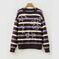 Channa Brown Stripe Embroidered Detail Drop Shoulder Pullover Sweater