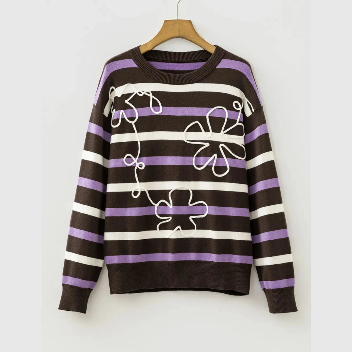 Channa Brown Stripe Embroidered Detail Drop Shoulder Pullover Sweater