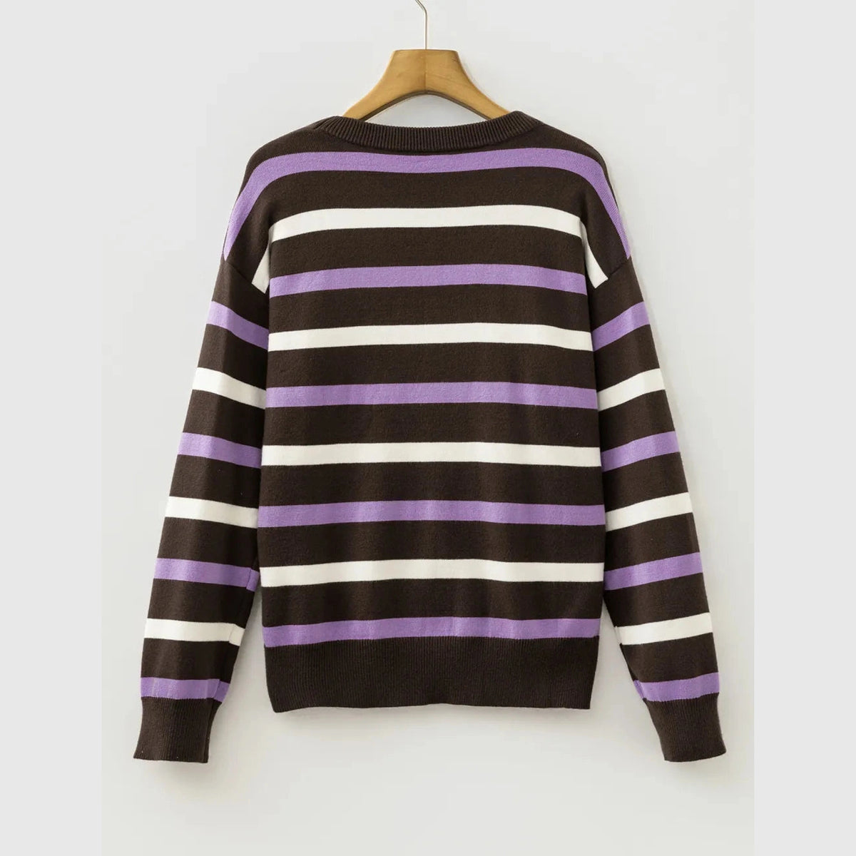 Channa Brown Stripe Embroidered Detail Drop Shoulder Pullover Sweater