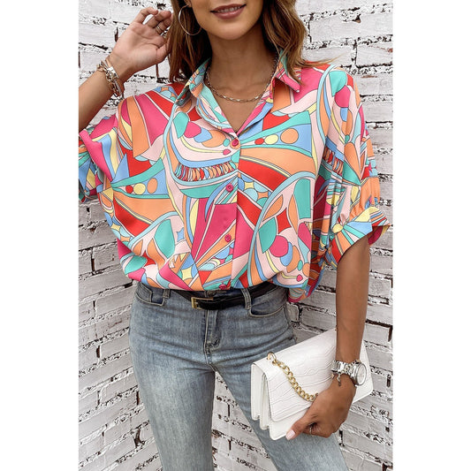 Chanse Multicolor Abstract Geometry Half Puff Sleeve Loose Shirt