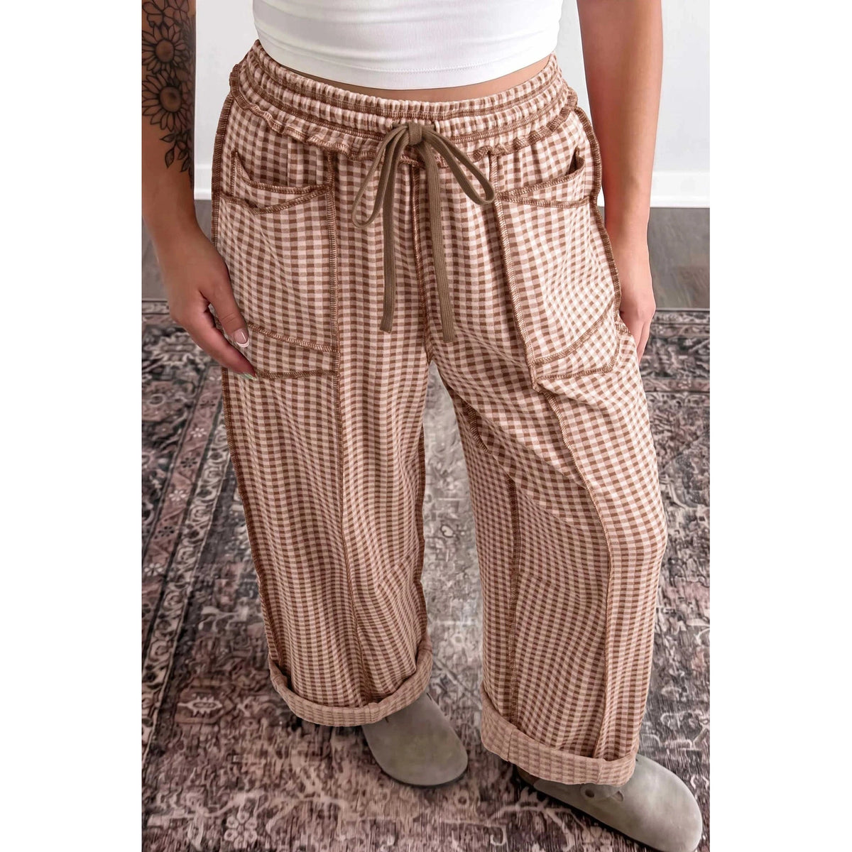Chantel Brown Plaid Contrast Trim Drawstring Elastic Waist Shift Pants