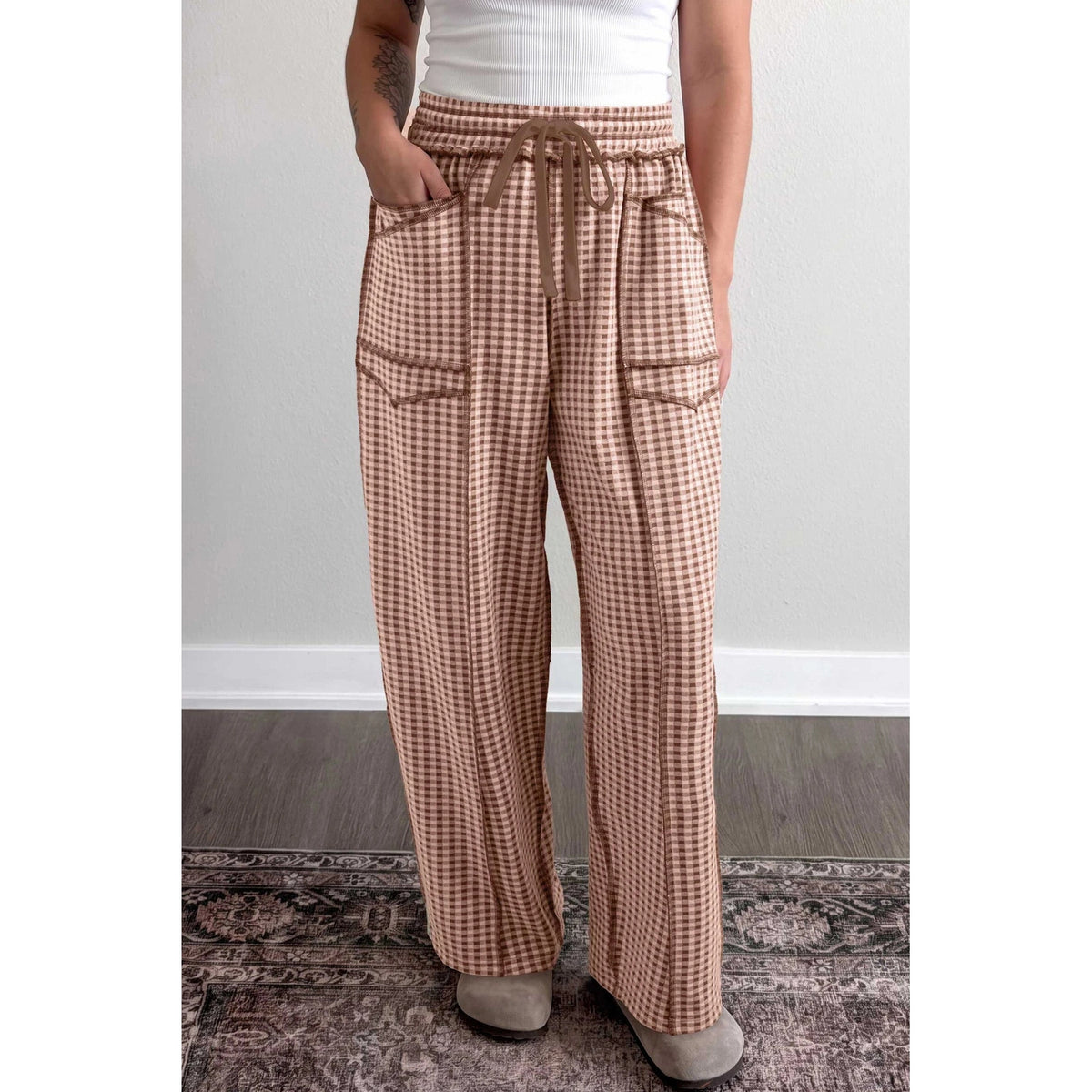 Chantel Brown Plaid Contrast Trim Drawstring Elastic Waist Shift Pants