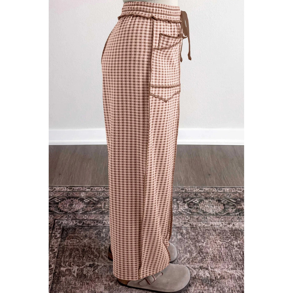 Chantel Brown Plaid Contrast Trim Drawstring Elastic Waist Shift Pants