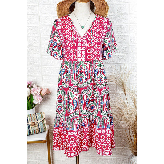 Chantel Pink Bohemian Print Tie Neck Ruffle Hem Short Dress