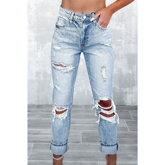 Chantye Sky Blue Light Wash Frayed Slim Fit High Waist Jeans