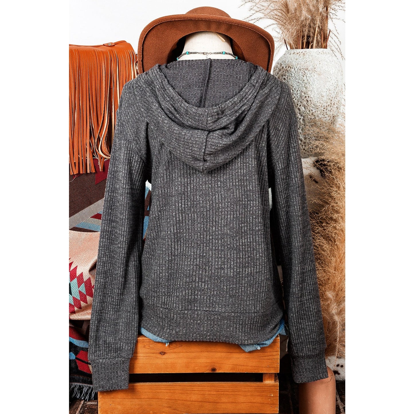 REDUCED!!!  Tiffie Charcoal Ribbed Zip Up Front Drawstring Hoodie   REDUCED!!!