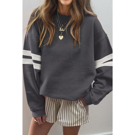 Charcoal Varsity Striped Detail Drop Shoulder Oversized Sweatshirt