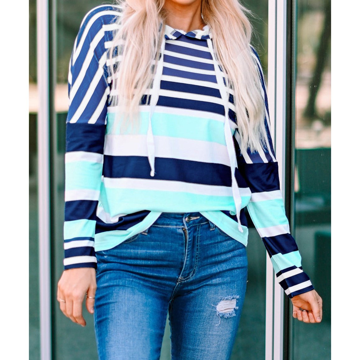 Charlene Blue Striped Drawstring Long Sleeve Hoodie