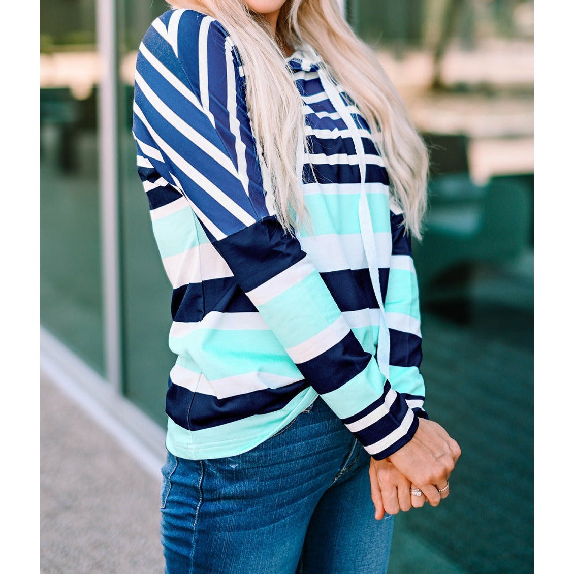 Charlene Blue Striped Drawstring Long Sleeve Hoodie