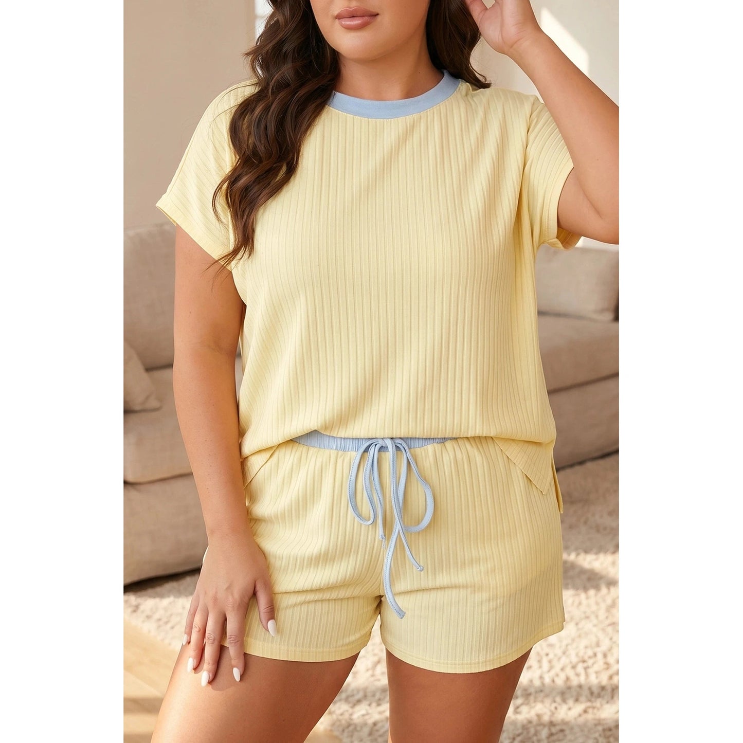 Charlotte Yellow Soft Ribbed Color Block Trim Casual Short Set