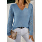 Chaya Blue V Neck Pointelle Knit Sleeve Patchwork Sweater