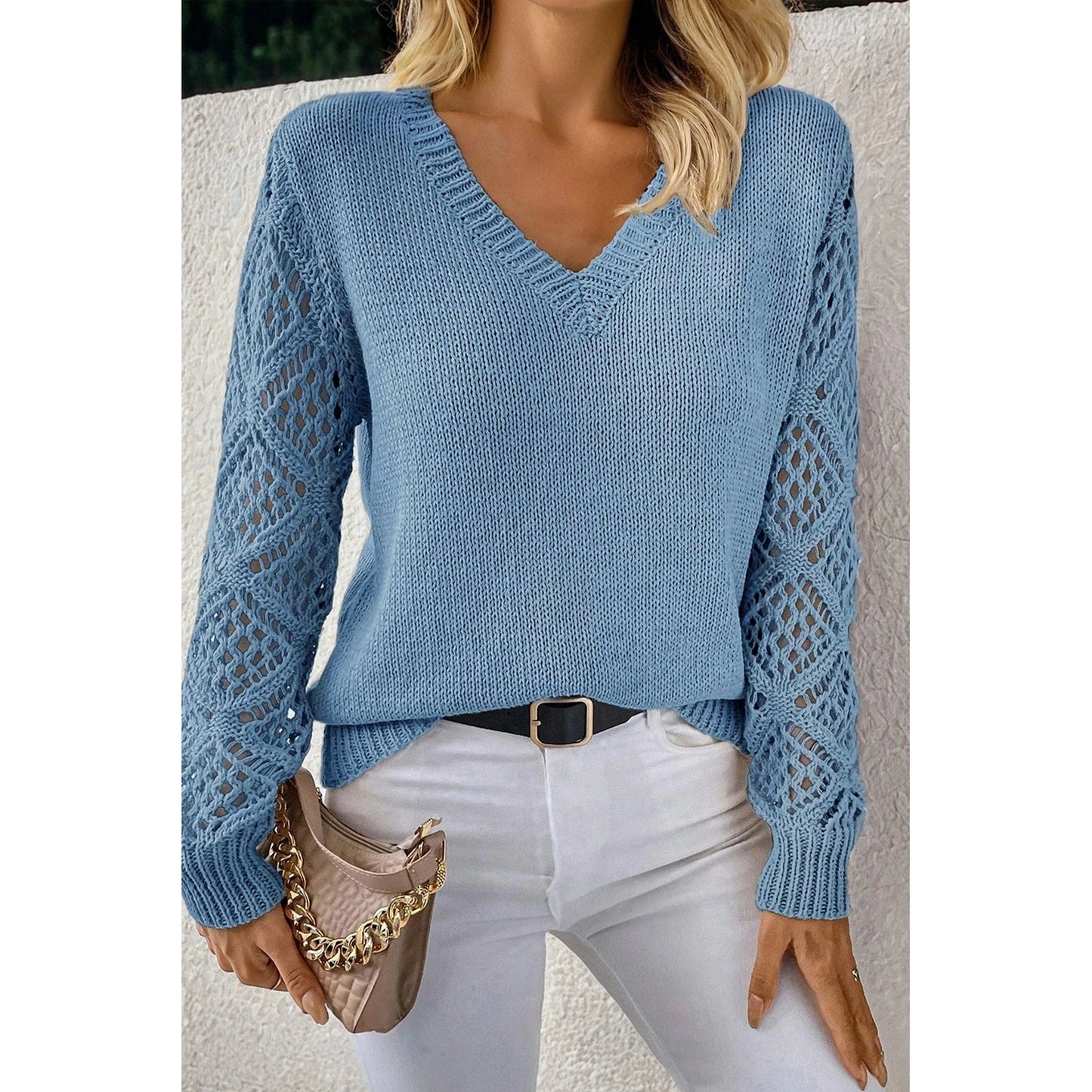 Chaya Blue V Neck Pointelle Knit Sleeve Patchwork Sweater