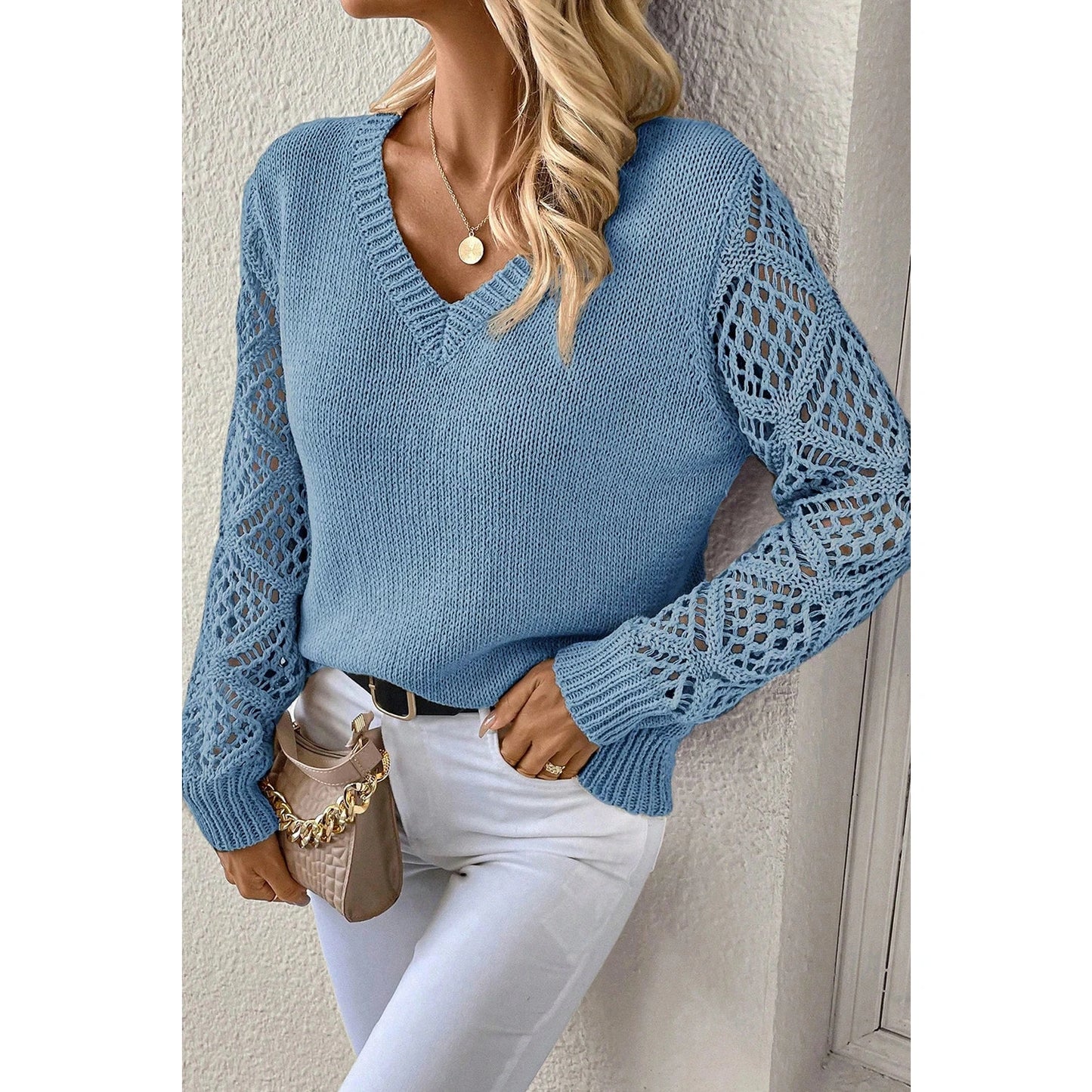 Chaya Blue V Neck Pointelle Knit Sleeve Patchwork Sweater