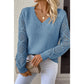 Chaya Blue V Neck Pointelle Knit Sleeve Patchwork Sweater