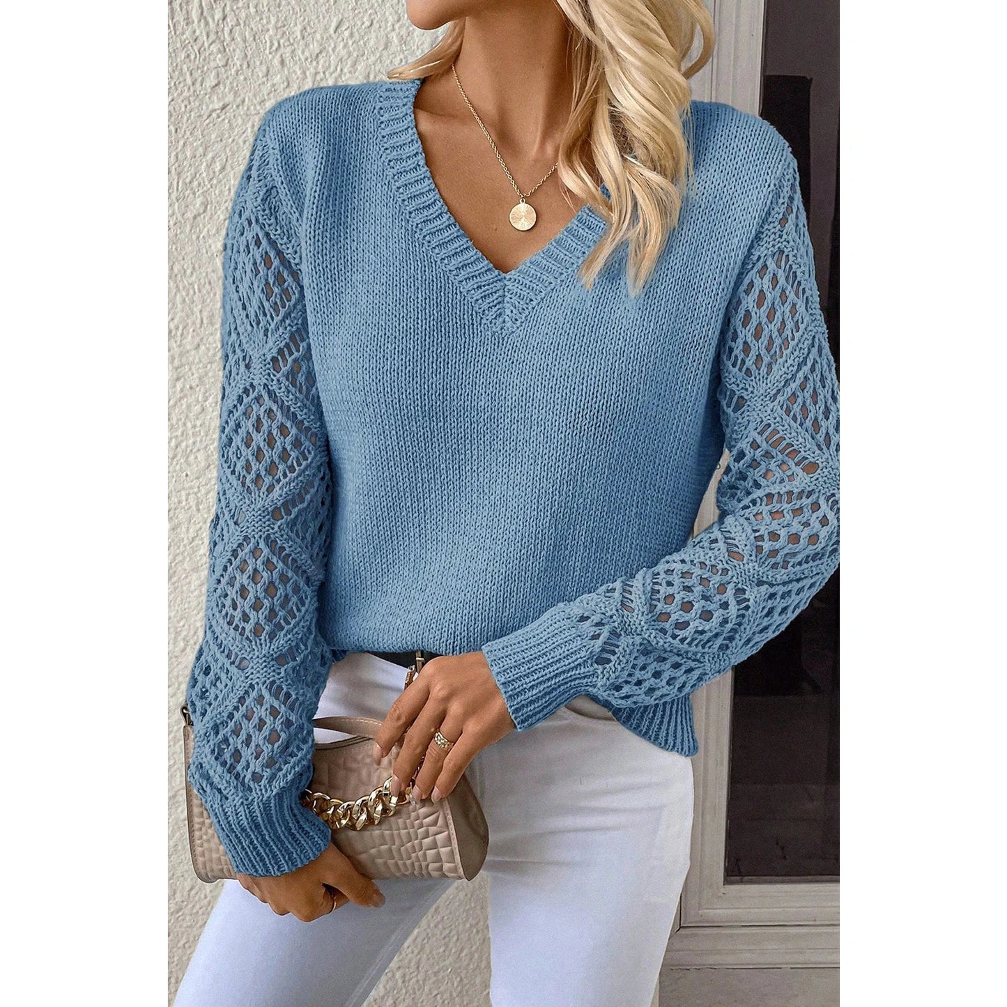 Chaya Blue V Neck Pointelle Knit Sleeve Patchwork Sweater