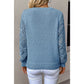 Chaya Blue V Neck Pointelle Knit Sleeve Patchwork Sweater