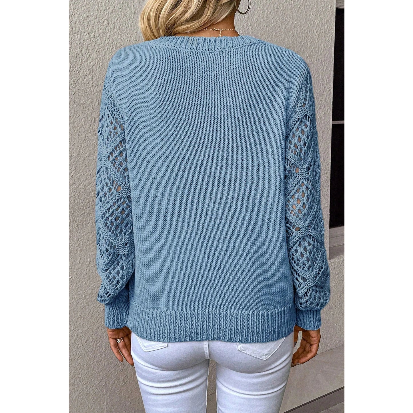 Chaya Blue V Neck Pointelle Knit Sleeve Patchwork Sweater