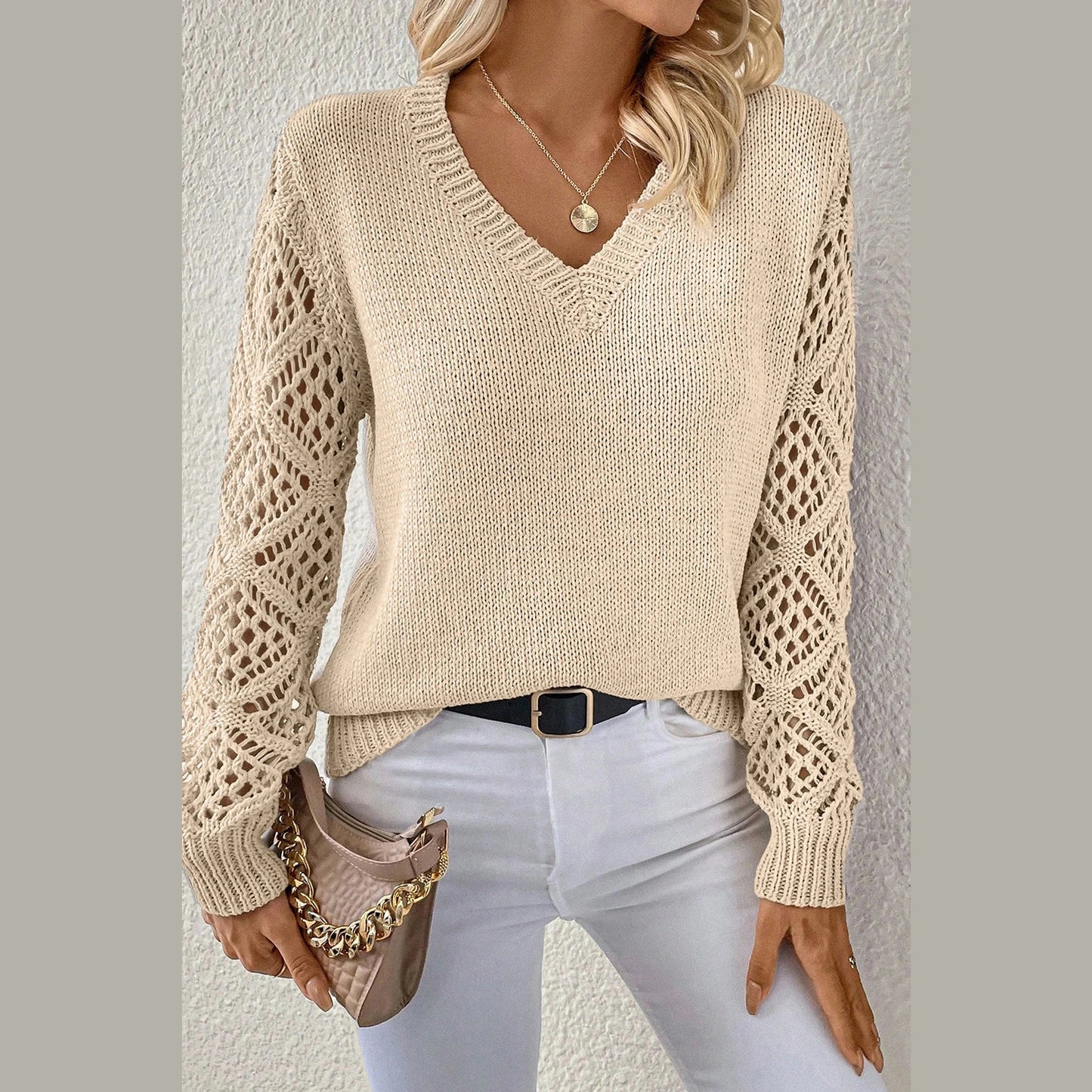 Chaya Beige V Neck Pointelle Knit Sleeve Patchwork Sweater