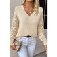 Chaya Beige V Neck Pointelle Knit Sleeve Patchwork Sweater