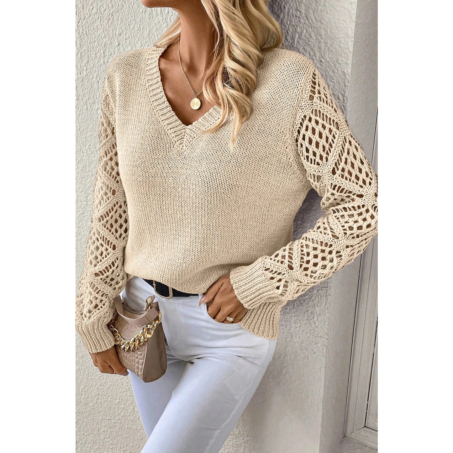 Chaya Beige V Neck Pointelle Knit Sleeve Patchwork Sweater
