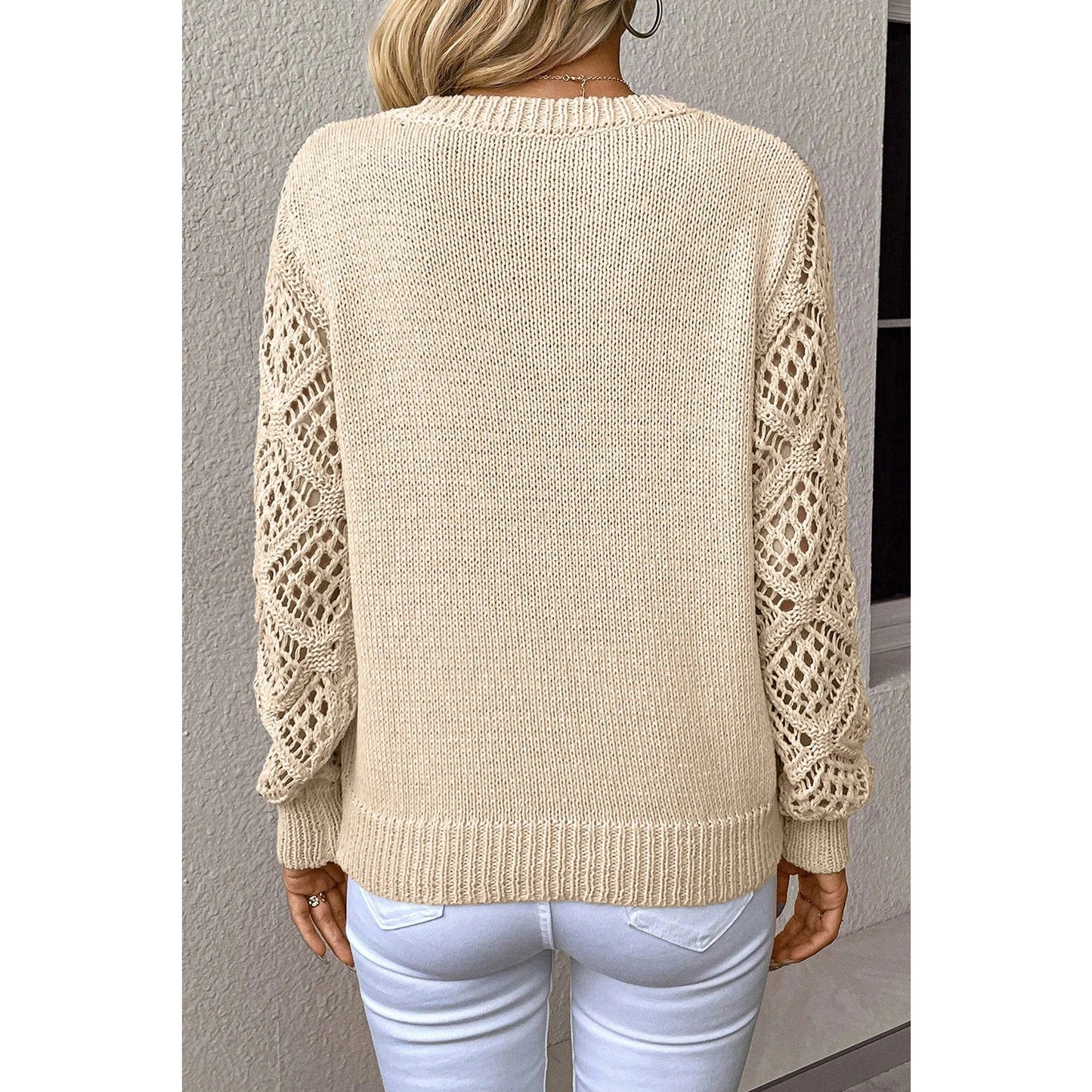 Chaya Beige V Neck Pointelle Knit Sleeve Patchwork Sweater