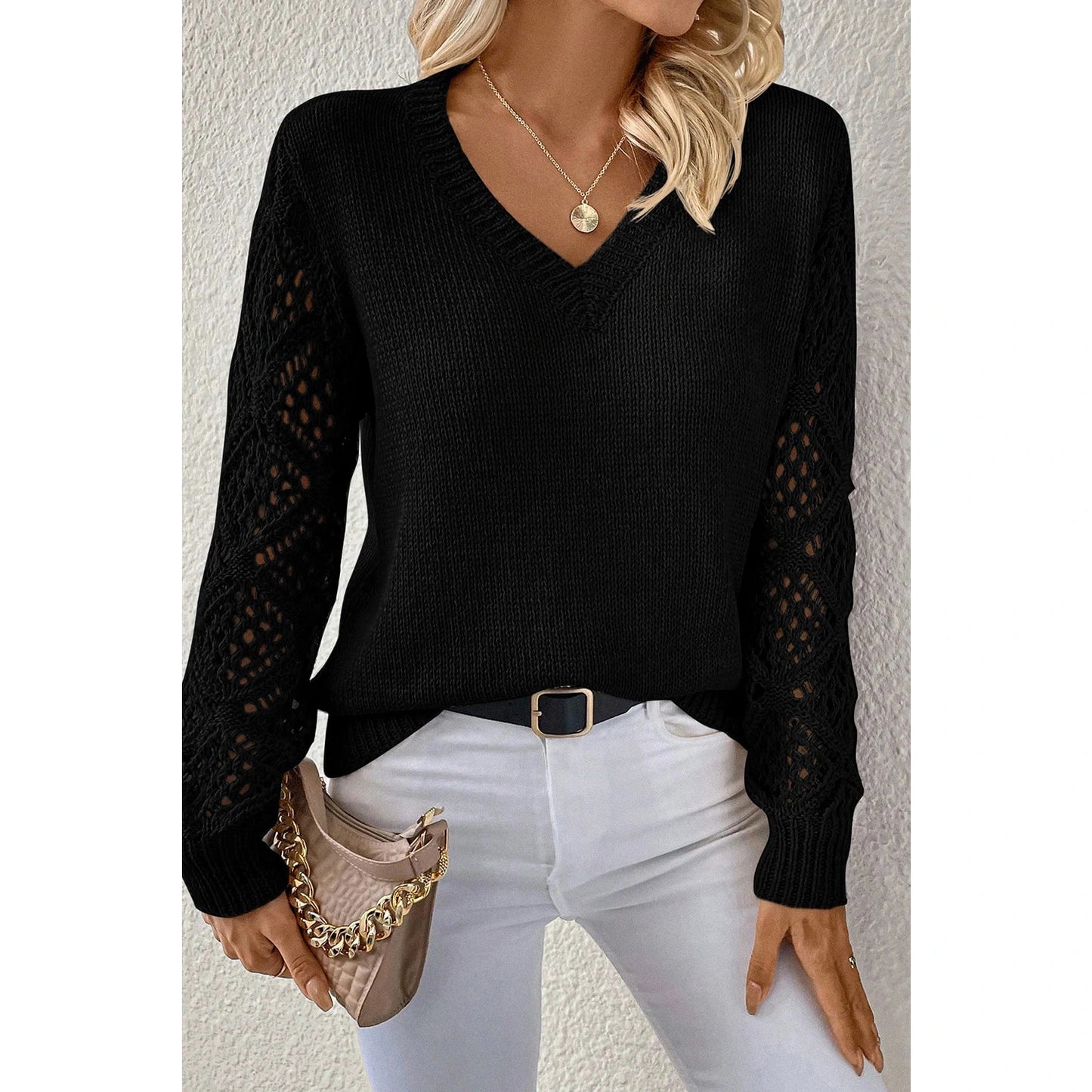 Chaya Black V Neck Pointelle Knit Sleeve Patchwork Sweater