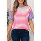 Chelsie Pink Stripe Contrast Patchwork Short Sleeve Loose Tee