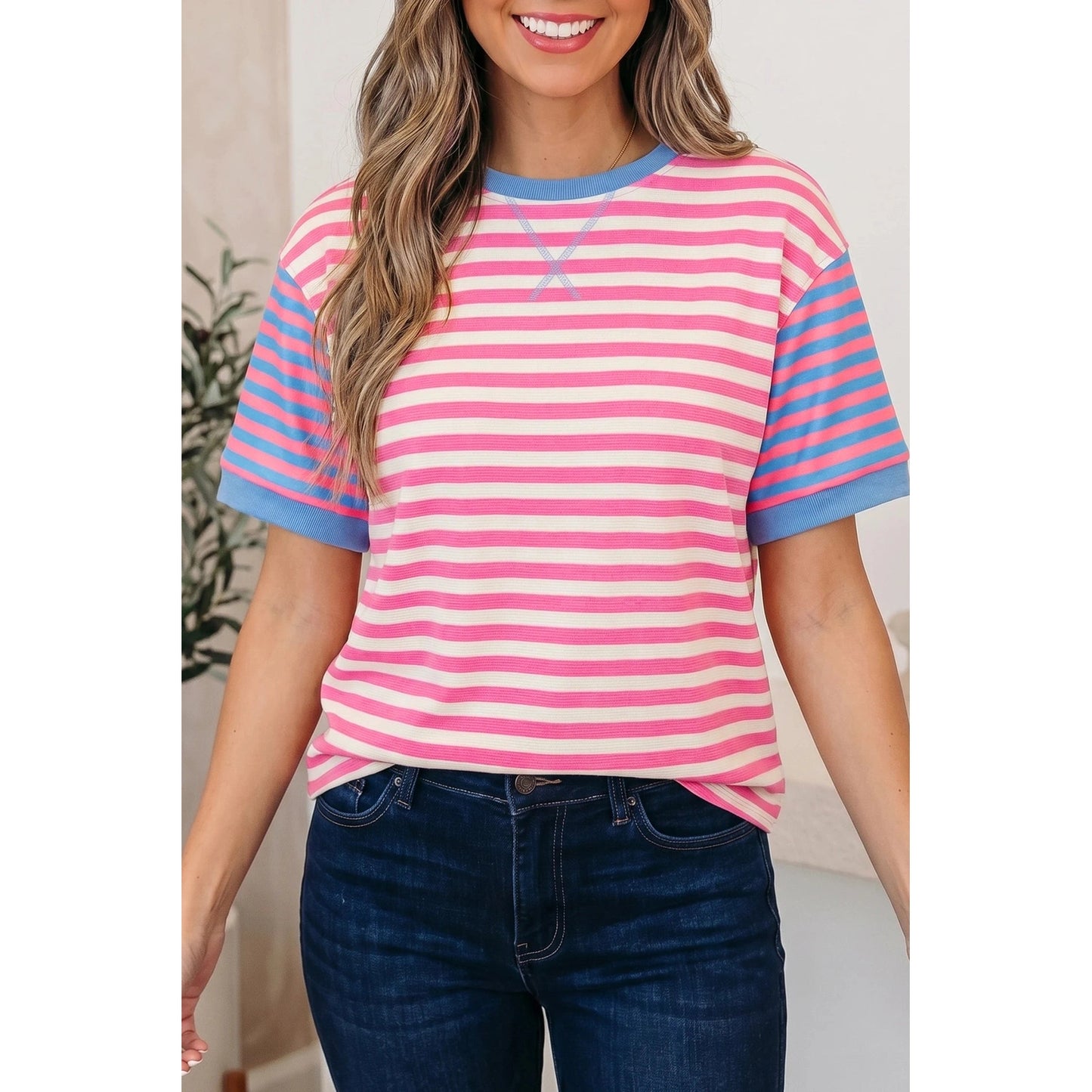 Chelsie Pink Stripe Contrast Patchwork Short Sleeve Loose Tee