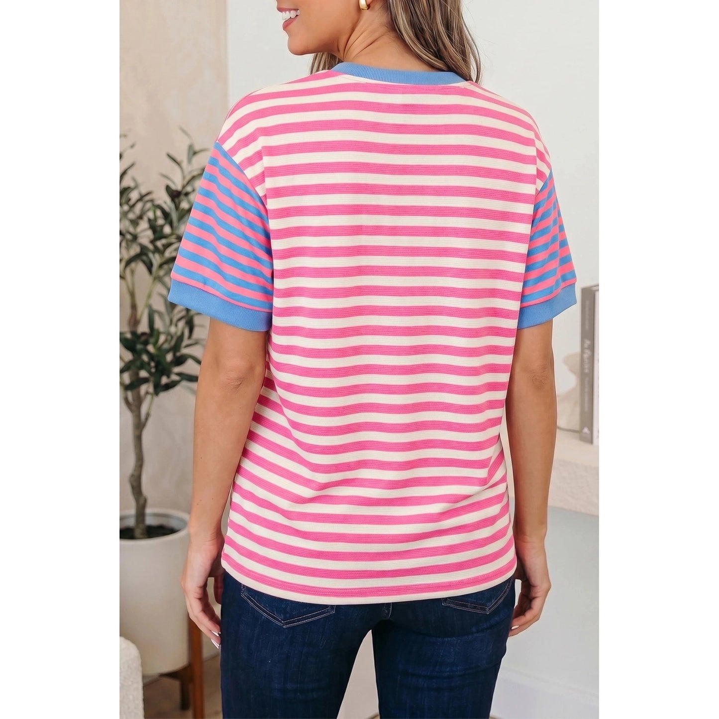 Chelsie Pink Stripe Contrast Patchwork Short Sleeve Loose Tee