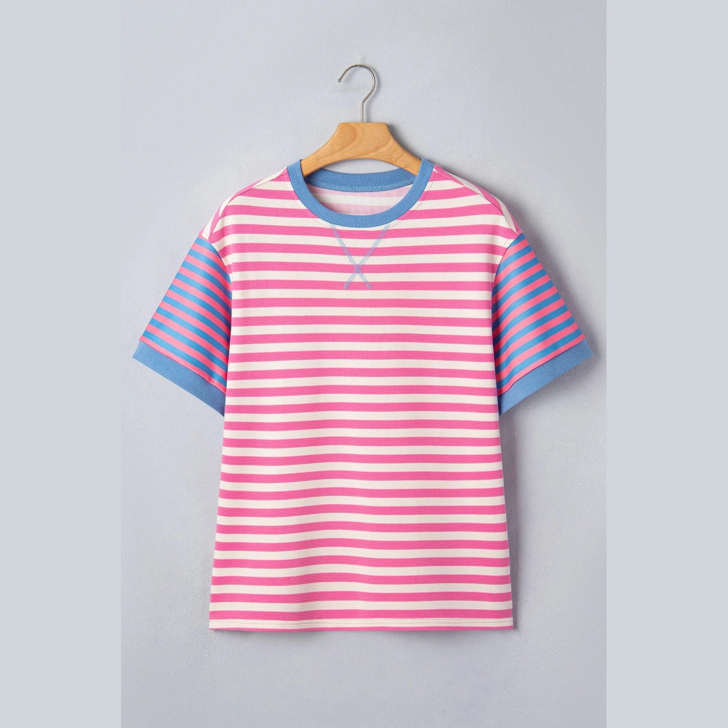 Chelsie Pink Stripe Contrast Patchwork Short Sleeve Loose Tee