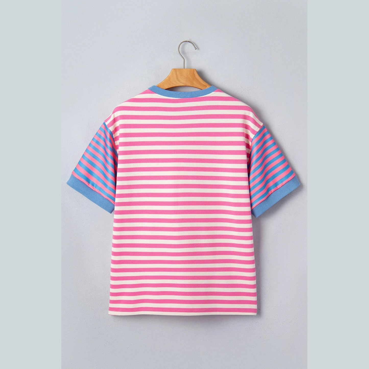 Chelsie Pink Stripe Contrast Patchwork Short Sleeve Loose Tee