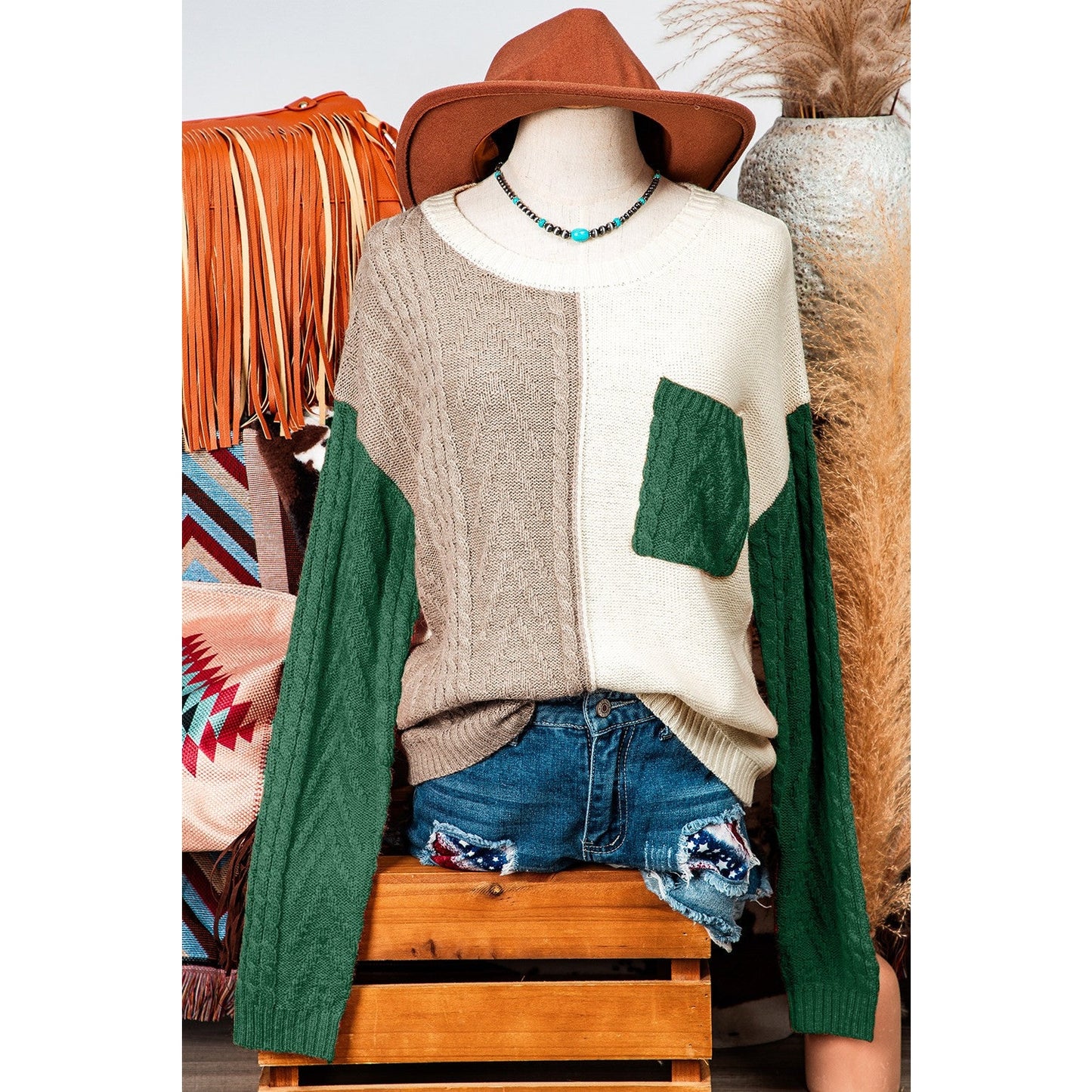 Chelle Vineyard Green Colorblock Patched Pocket Drop Shoulder Sweater * S-3X