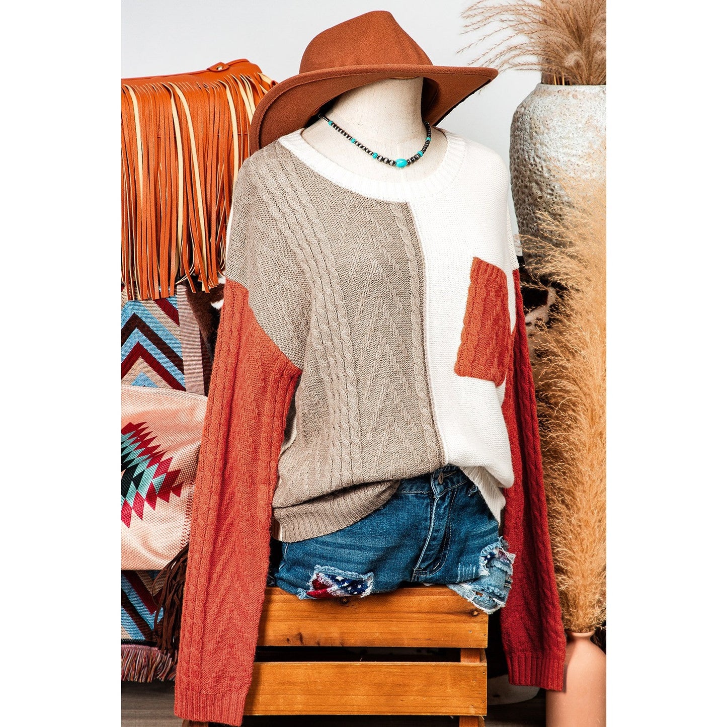 REDUCED!!!  Chelle Gold Flame Colorblock Patched Pocket Drop Shoulder Sweater  REDUCED!!!