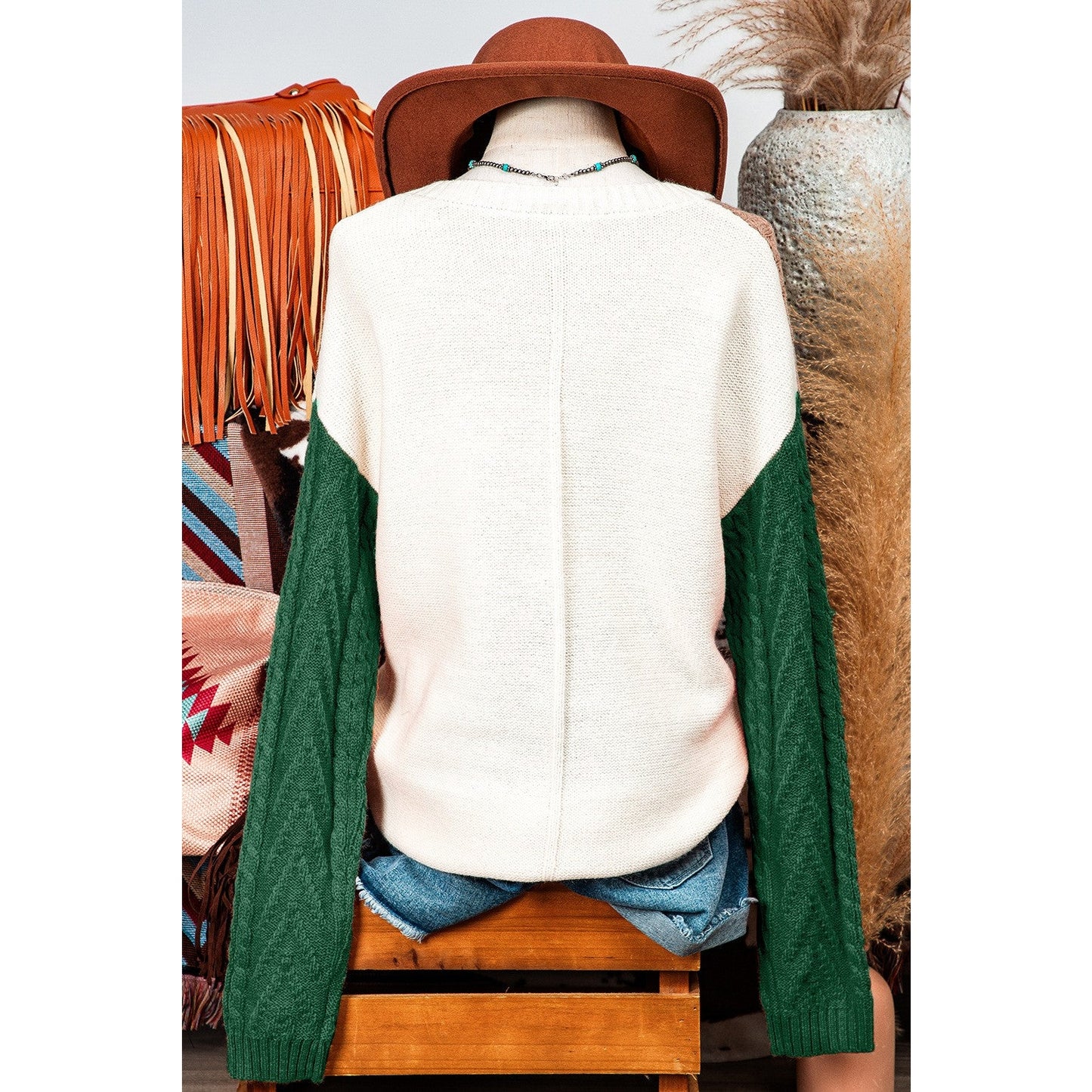 Chelle Vineyard Green Colorblock Patched Pocket Drop Shoulder Sweater * S-3X