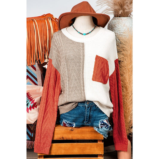 REDUCED!!!  Chelle Gold Flame Colorblock Patched Pocket Drop Shoulder Sweater  REDUCED!!!