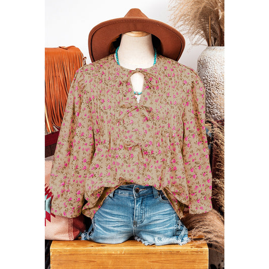 Chelsey Light French Beige Floral Print Bow Pintuck Bust Half Puff Sleeve Blouse Top