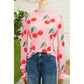 Pink Cherry Print Lettuce Trim Long Sleeve Mesh Top
