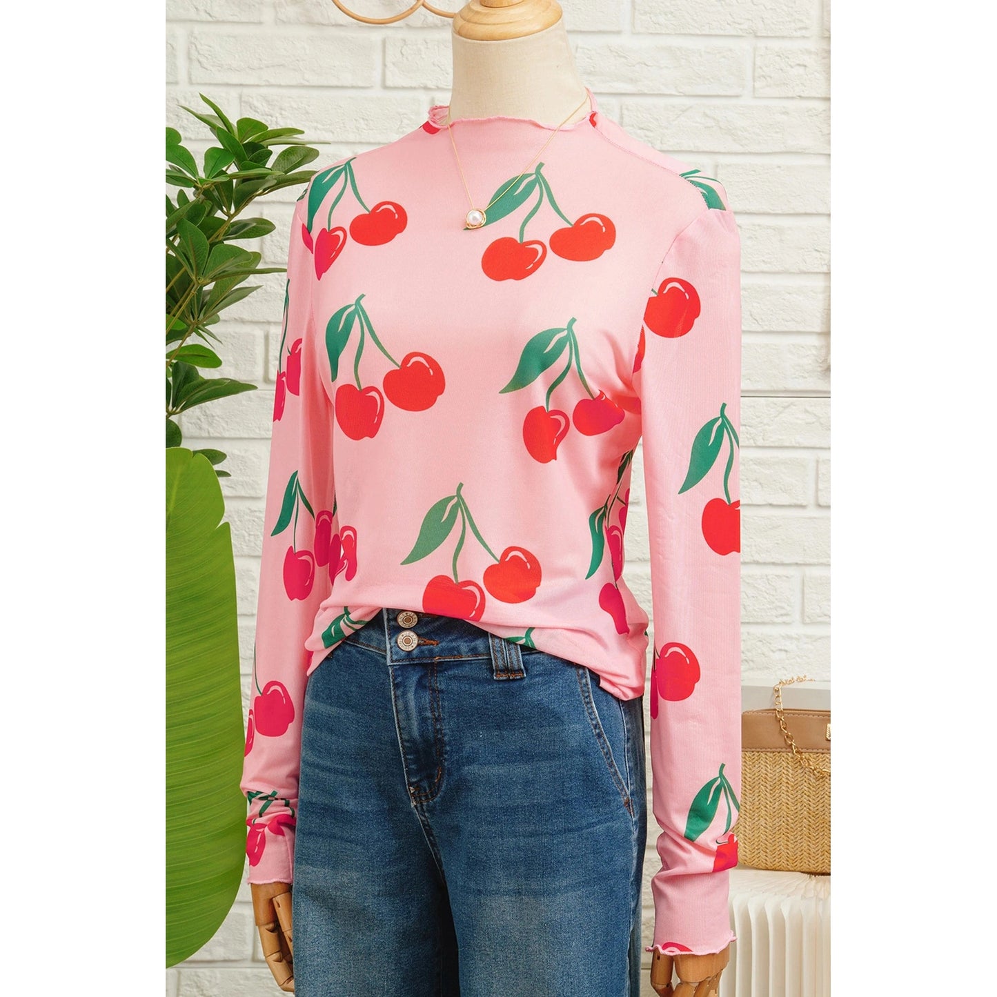 Pink Cherry Print Lettuce Trim Long Sleeve Mesh Top