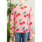 Pink Cherry Print Lettuce Trim Long Sleeve Mesh Top
