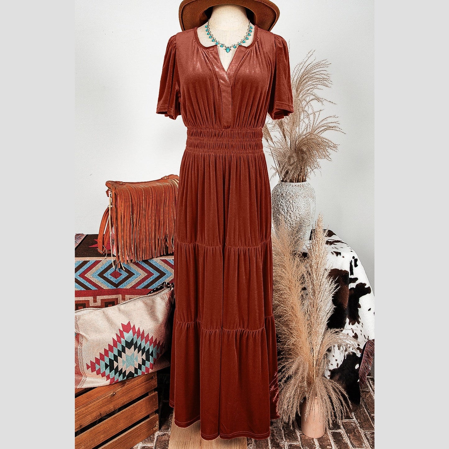 Kinzie Chestnut Velvet Short Sleeve Shirred Waist Tiered Maxi Dress