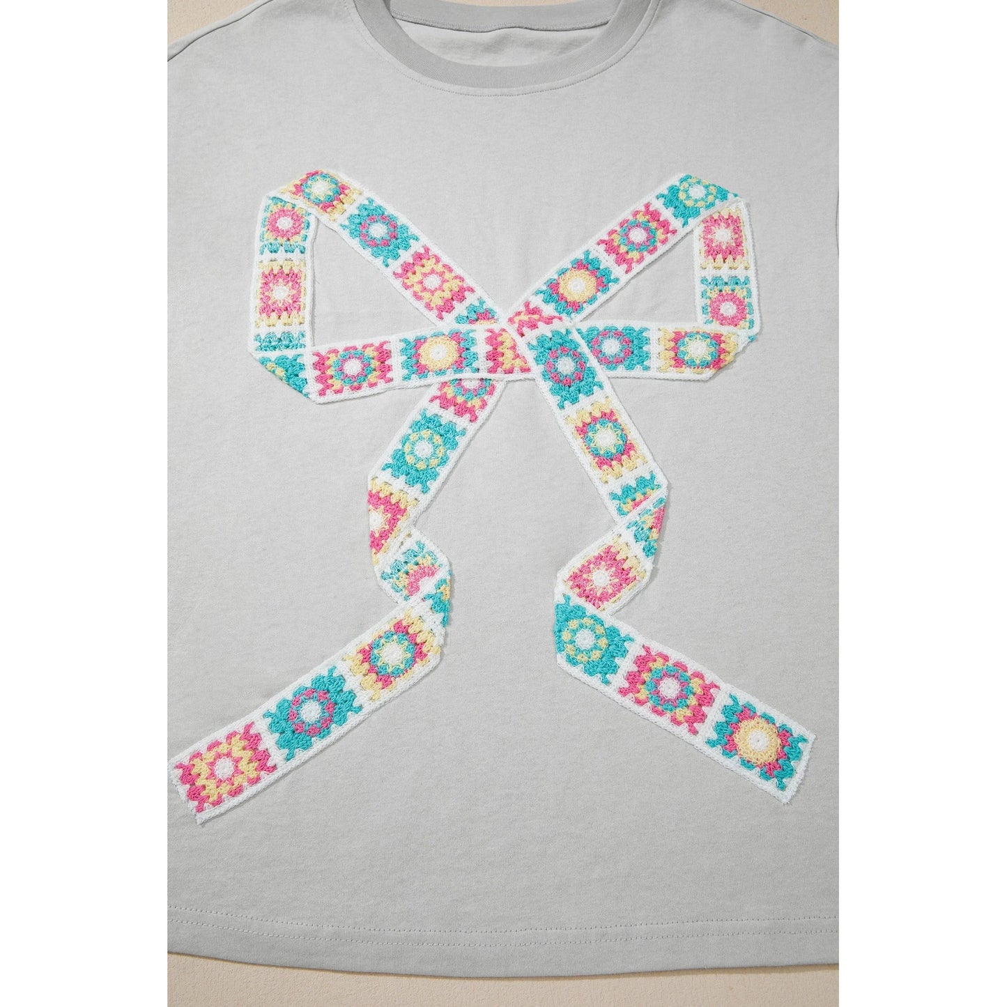 SALE!!!  Cheyenne Light Grey Floral Crochet Ribbon Bow Patched Cotton T Shirt