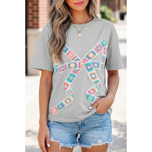 SALE!!!  Cheyenne Light Grey Floral Crochet Ribbon Bow Patched Cotton T Shirt