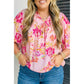 Cheza Pink Plus Size Floral Print V Neck Tie Front Short Sleeve Tunic Top